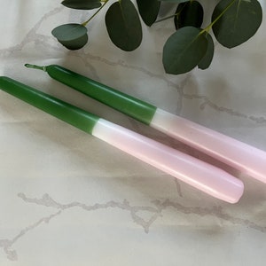 2 Dip Dye Tapered Candles, Forest Green/Blush Pink