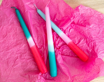 3 Dip Dye Tapered Candles, Mixed Colours Teal/Red/Pink