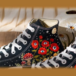 Unique Embroidered Converse High Tops, Mushroom Embroidery Converse, Red Floral Embroidered Sneakers With Eyes, Custom Shoes, Halloween Gift