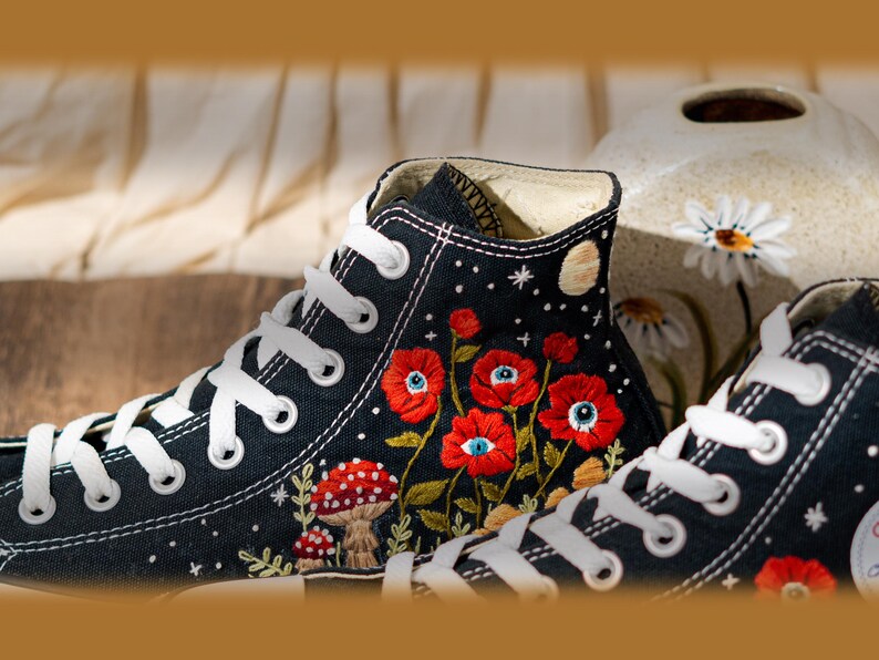 Unique Embroidered Converse High Tops, Mushroom Embroidery Converse, Red Floral Embroidered Sneakers With Eyes, Custom Shoes, Halloween Gift