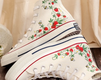 Customized Embroidery Converse Women, Bee and Strawberry Embroidered Converse, Strawberry Embroidered Shoes, Strawberry Embroidered Sneakers