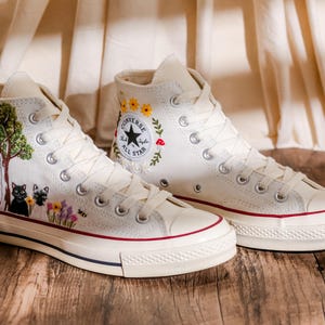 Custom Converse Chuck Taylor Embroidered Cat and Garden Flowers, Pet Embroidered Converse, Sun, Floral, Cat Embroidered Shoes Custom