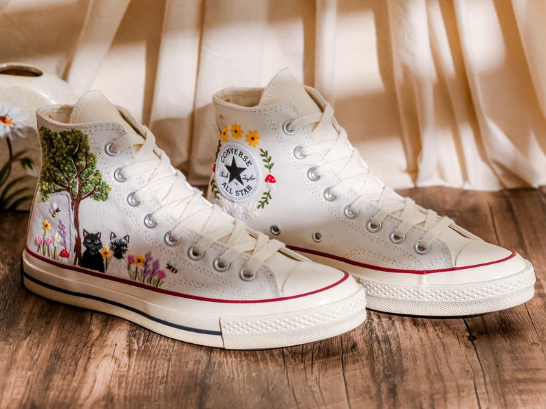 Custom Converse Chuck Taylor Embroidered Cat and Garden Flowers, Pet Embroidered Converse, Sun, Floral, Cat Embroidered Shoes Custom