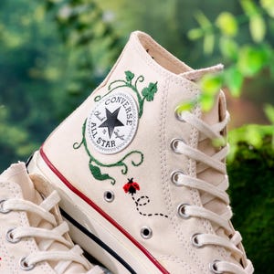 Custom Converse Embroidery, Trumpet Creeper Flower Embroidered Converse, Trumpet Vine and Ladybug Embroidered Shoes Custom , Gift for Her