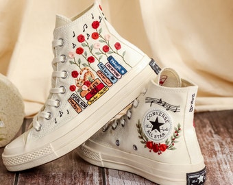 Custom Embroidered Converse Chuck Taylor All Star Shoes, Cat and Flower, 1989 Embroidered Sneaker, Flower Embroidery Shoes, Handmade Gifts