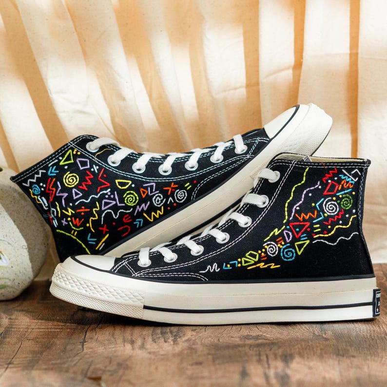 Custom Embroidered Converse Chuck Taylor High Tops 90S Style, Black Converse Embroidery Memphis, Abstract Embroidered Sneakers, Unique Gifts