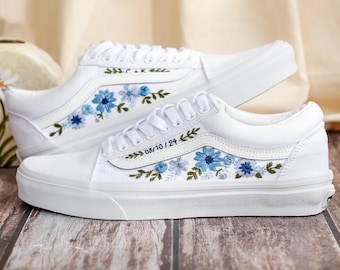 Bridal Flowers Embroidered Vans Wedding for Bride, Custom Vans Embroidery Floral Blue Embroidered Vans Slip On, Wedding Sneake, Gift For Her