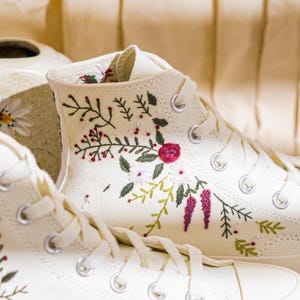 Custom Embroidered Converse Chuck Taylor High Top Womens, Converse Embroidery Floral & Leaf, Sneakers Embroidered Romantic Style, Bride Gift