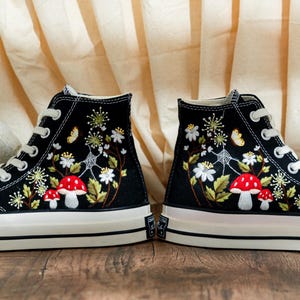 Custom Embroidered Converse Chuck Taylor High Tops, Black Converse Embroidery With Mushrooms & Floral, Custom Shoes Mystical, Birthday Gift