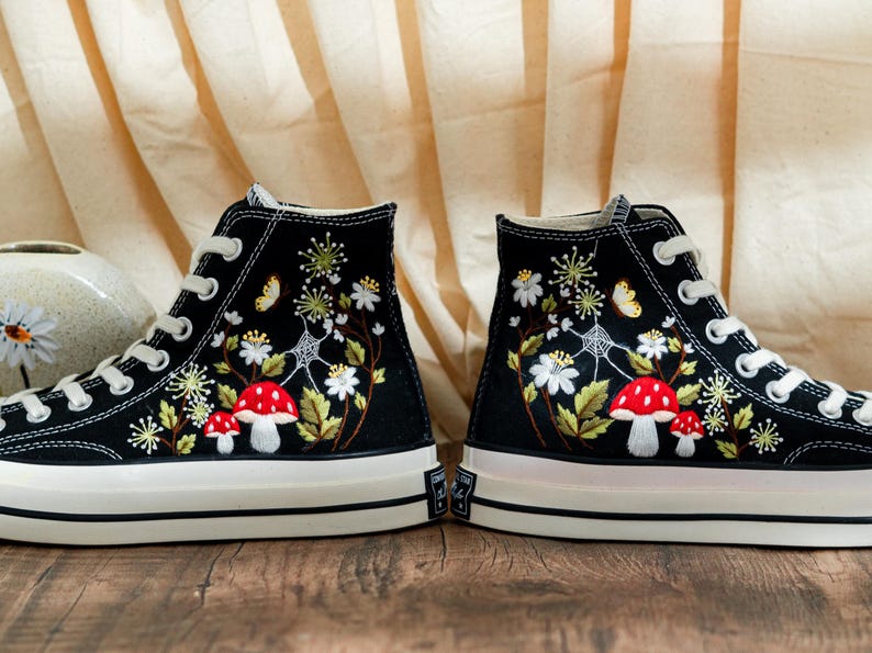 Custom Embroidered Converse Chuck Taylor High Tops, Black Converse Embroidery With Mushrooms & Floral, Custom Shoes Mystical, Birthday Gift