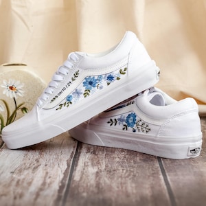 Bridal Flowers Embroidered Vans Wedding for Bride, Custom Vans Embroidery Floral Blue Embroidered Vans Slip On, Wedding Sneake, Gift For Her