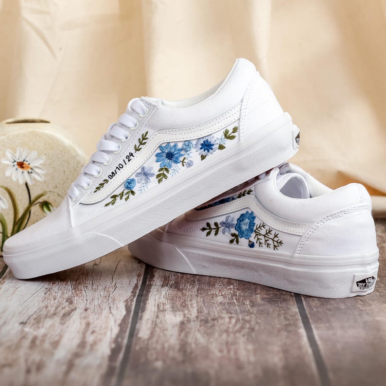 Bridal Flowers Embroidered Vans Wedding for Bride, Custom Vans Embroidery Floral Blue Embroidered Vans Slip On, Wedding Sneake, Gift For Her