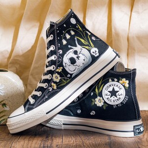 Custom Gothic Embroidered Converse High Tops, Black Canvas Sneakers Embroidery With Skull And Snail, Halloween Converse Shoes, Unique Gifts