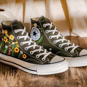 Custom Converse Embroidery Cat, Sunflowers Embroidered Converse High Tops, Graden Sunflowers, Pet Embroidered Shoes Custom, Pet Lover Gift