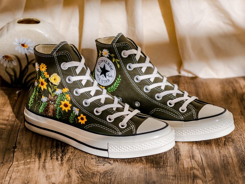 Custom Converse Embroidery Cat, Sunflowers Embroidered Converse High Tops, Graden Sunflowers, Pet Embroidered Shoes Custom, Pet Lover Gift