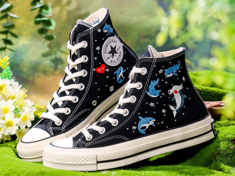 Embroidered Converse, Shark Embroidered Shoes, Hammerhead Shark Embroidered Converse Custom, Shark Embroidered Sneaker, Ocean Gifts for Her