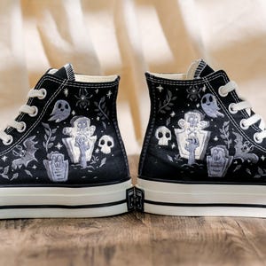 Embroidered Converse, Ghost Embroidered Converse Shoes Custom , Black Converse Embroidery Skull and Bat, Ghost Embroidered Sneakers for Men