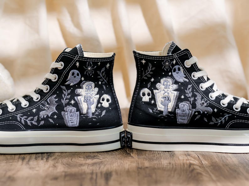 Embroidered Converse, Ghost Embroidered Converse Shoes Custom , Black Converse Embroidery Skull and Bat, Ghost Embroidered Sneakers for Men