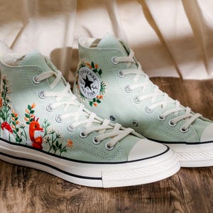 Embroidered Converse Summit Sage, Graden Floral and Fox Embroidered Shoes, Mushroom, Red Fox Embroidered Sneakers, Converse Embroidery Fox