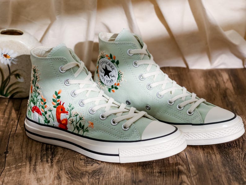 Embroidered Converse Summit Sage, Graden Floral and Fox Embroidered Shoes, Mushroom, Red Fox Embroidered Sneakers, Converse Embroidery Fox