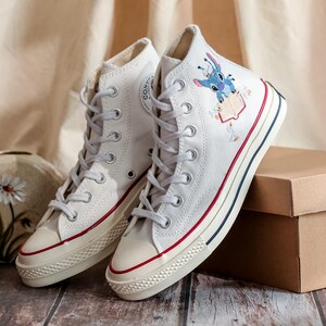 Custom Blue Alien Embroidered Converse High Tops, Converse Embroidery Book, Blue Alien Embroidered Shoes Custom,  Birthday Gifts for Her