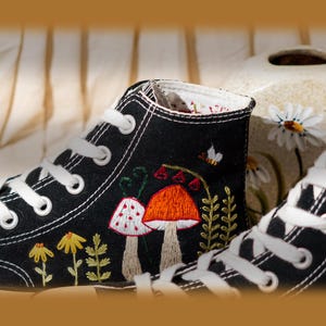 Customized Converse Shoes Embroidery Mushroom, Black High Top Sneakers Embroidered Floral Design, Vintage Embroidery Converse, Handmade Gift