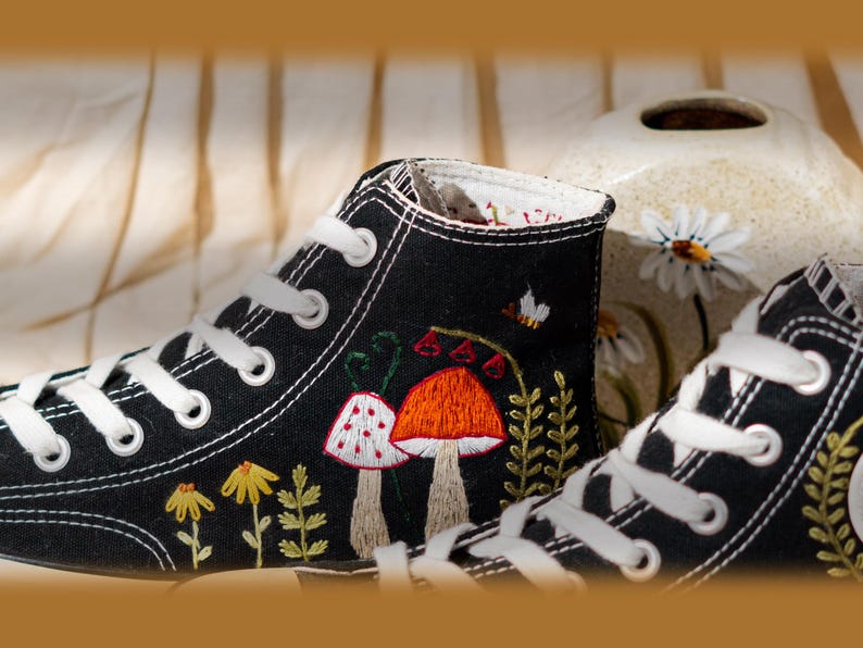 Customized Converse Shoes Embroidery Mushroom, Black High Top Sneakers Embroidered Floral Design, Vintage Embroidery Converse, Handmade Gift