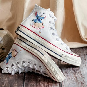 Custom Blue Alien Embroidered Converse High Tops, Converse Embroidery Book, Blue Alien Embroidered Shoes Custom,  Birthday Gifts for Her