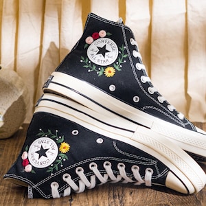 Custom Embroidered Converse Chuck Taylor High Tops, Black Sneakers With Sunset And Wildflower Embroidery, Vintage Converse Shoes, Women Gift