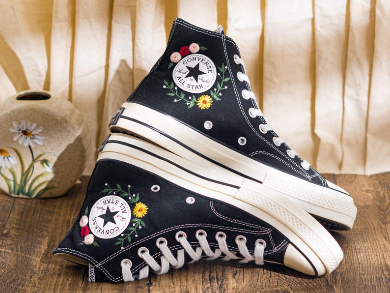 Custom Embroidered Converse Chuck Taylor High Tops, Black Sneakers With Sunset And Wildflower Embroidery, Vintage Converse Shoes, Women Gift