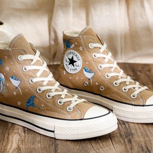 Custom Ray Embroidered Converse Shoes, Ray and Jellyfish Embroidered Sneaker, Respect The Locals Converse Surfing Shoes, Gift for Sea Lover