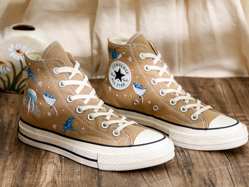 Custom Ray Embroidered Converse Shoes, Ray and Jellyfish Embroidered Sneaker, Respect The Locals Converse Surfing Shoes, Gift for Sea Lover