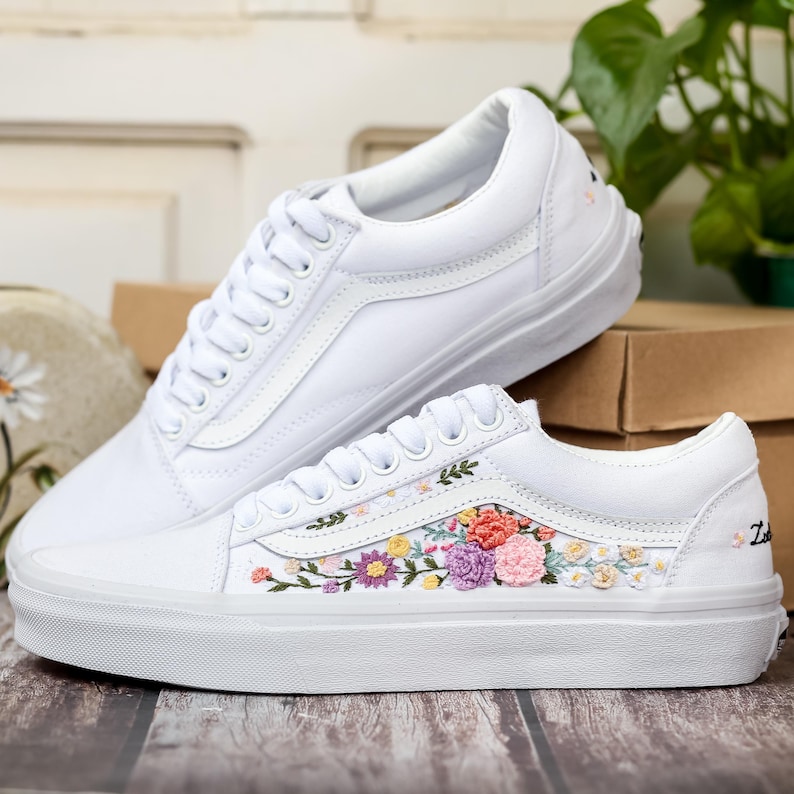 Bridal Flower Embroidered Vans, 3D Flowers Embroidered Vans for Bride, Wedding Flowers Embroidered Shoes, Sneakers Wedding Embroidery Floral