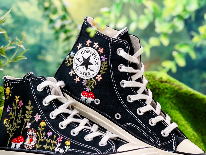 Custom Converse Embroidery Hedgehog, Sunshine & Colorful Summer Garden Embroidered Converse Shoes, Embroidered Converse Flower, Gift for Her