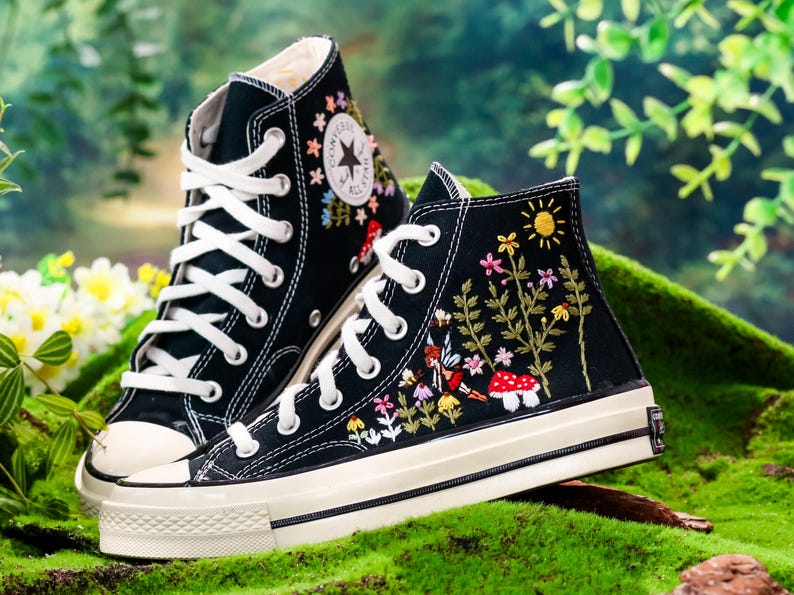Custom Embroidered Converse High Tops, Angel, Flowers, Mushroom Embroidered Shoes,garden and Flowers Embroidered Sneakers, Gift for Her