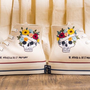 Custom Embroidered Converse Chuck Taylor High Top, Cream Converse Shoes Embroidery Skull & Sunflower, Unique Custom Sneakers, Halloween Gift
