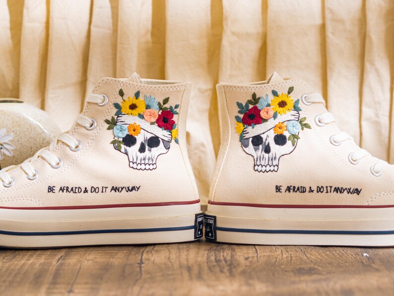 Custom Embroidered Converse Chuck Taylor High Top, Cream Converse Shoes Embroidery Skull & Sunflower, Unique Custom Sneakers, Halloween Gift