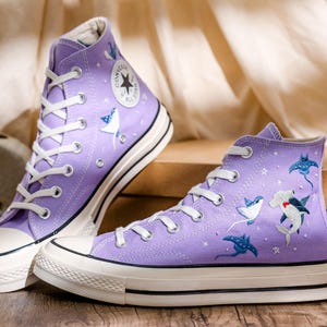 Manta Ray Embroidered Converse High Tops, Hammerhead Shark Embroidered Shoes, Ray and Shark Embroidered Sneaker Custom, Gift for Her