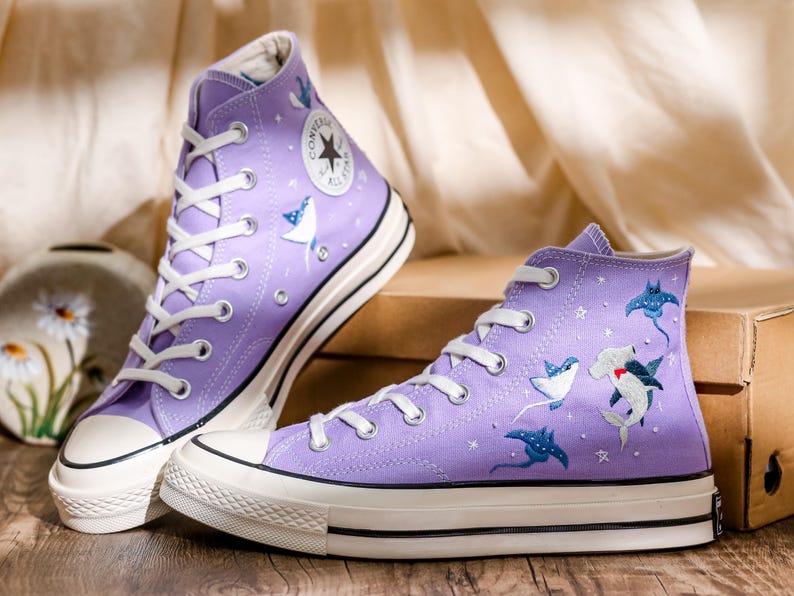 Manta Ray Embroidered Converse High Tops, Hammerhead Shark Embroidered Shoes, Ray and Shark Embroidered Sneaker Custom, Gift for Her