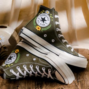 Custom Converse Embroidery Cat, Sunflowers Embroidered Converse High Tops, Graden Sunflowers, Pet Embroidered Shoes Custom, Pet Lover Gift