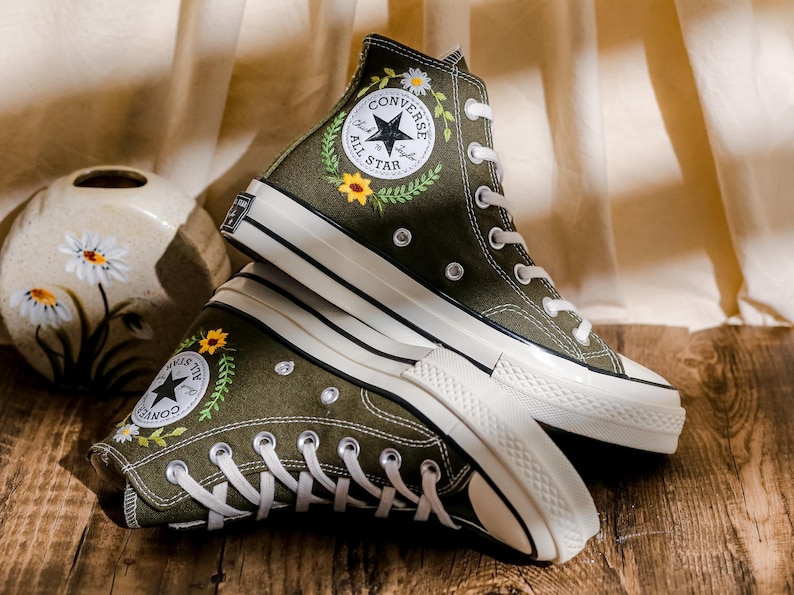 Custom Converse Embroidery Cat, Sunflowers Embroidered Converse High Tops, Graden Sunflowers, Pet Embroidered Shoes Custom, Pet Lover Gift