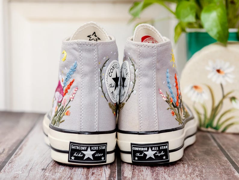 Wildflower Garden Embroidered Converse, Mushrooms, Cat Embroidered Shoes, Custom Floral Embroidery Shoes, Summer Cottagecor Embroidery Shoes