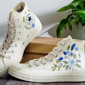 Custom Embroidered Converse, Carnation and Cornflower Embroidered Shoes, Blue Flax Embroidered Sneaker Custom, Flower Embroidery Converse