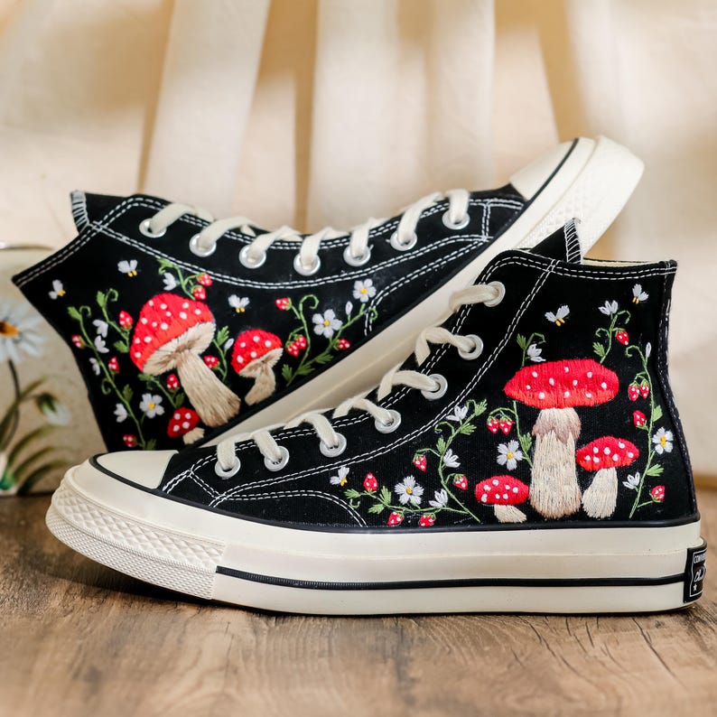 Embroidered Mushroom Converse High Tops 1970s, Mushroom Embroidered Shoes for Women, Garden Mushrooms, Strawberry, Bees Embroidered Sneakers