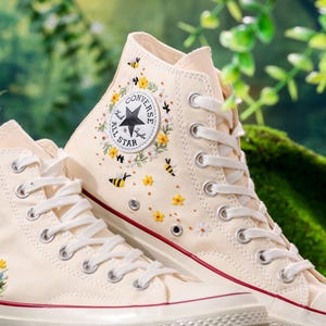 Custom Floral Converse, Bees, Sunflowers Embroidery Converse, Flower and Bee Embroidered Shoes, Unique Custom Floral Sneakers, Gift For Her