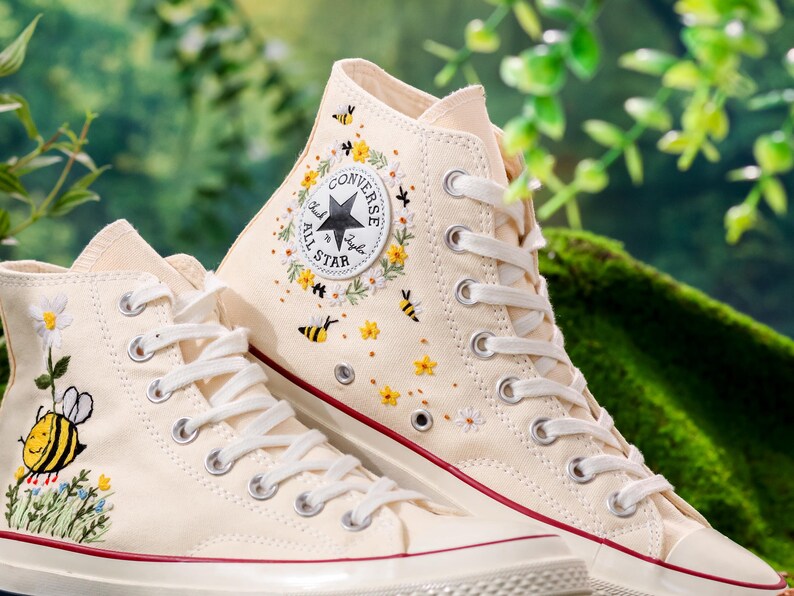 Custom Floral Converse, Bees, Sunflowers Embroidery Converse, Flower and Bee Embroidered Shoes, Unique Custom Floral Sneakers, Gift For Her