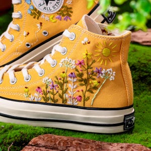 Embroidered Yellow Converse,Custom High Tops Embroidered Tiny Wildflower Garden, Flower Embroidered Converse Shoes,Floral Embroidery Sneaker