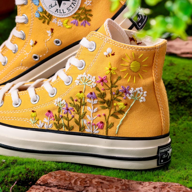 Embroidered Yellow Converse,Custom High Tops Embroidered Tiny Wildflower Garden, Flower Embroidered Converse Shoes,Floral Embroidery Sneaker