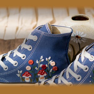 Mushroom Embroidered Converse High Top, Denim Canvas Shoes Embroidery Floral, Custom Sneakers Embroidered, Unique Women Shoes, Birthday Gift