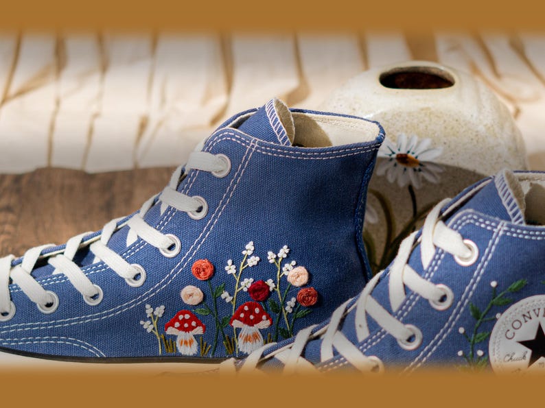 Mushroom Embroidered Converse High Top, Denim Canvas Shoes Embroidery Floral, Custom Sneakers Embroidered, Unique Women Shoes, Birthday Gift